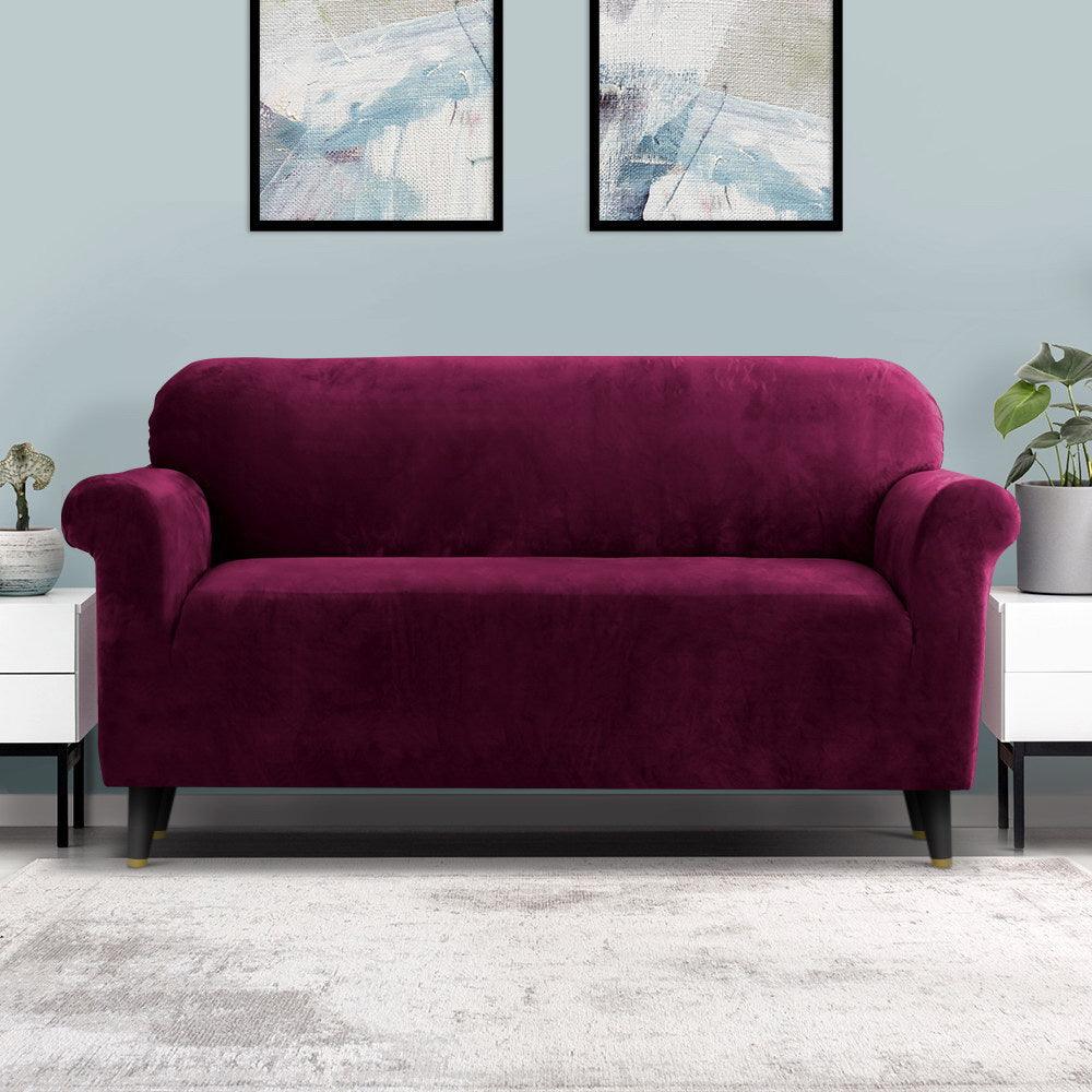 Artiss Velvet Sofa Cover Plush Couch Cover Lounge Slipcover 3 Seater Ruby Red - John Cootes