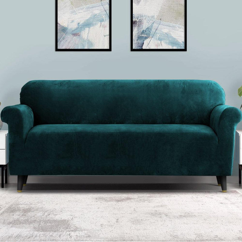 Artiss Velvet Sofa Cover Plush Couch Cover Lounge Slipcover 4 Seater Agate Green - John Cootes