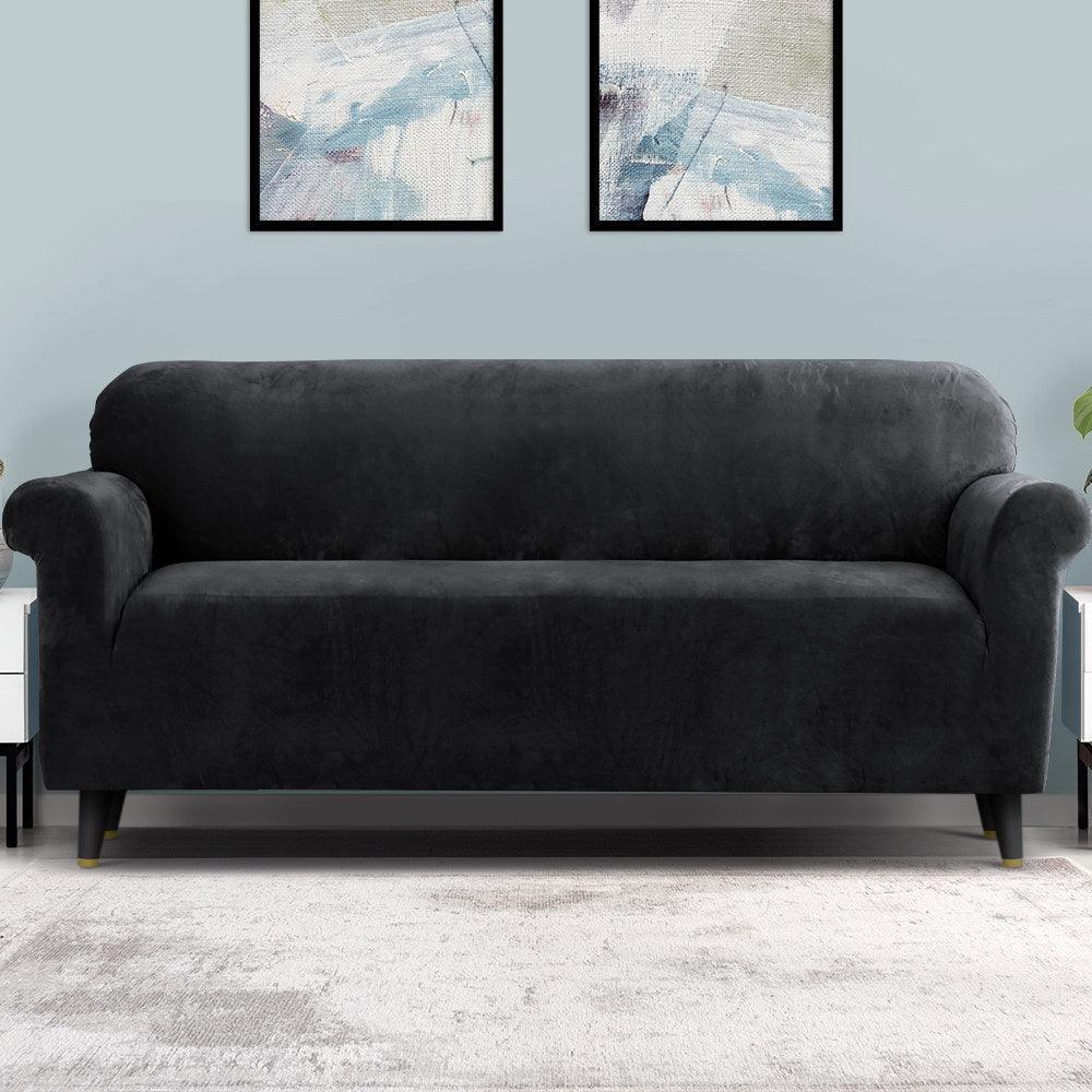 Artiss Velvet Sofa Cover Plush Couch Cover Lounge Slipcover 4 Seater Black - John Cootes