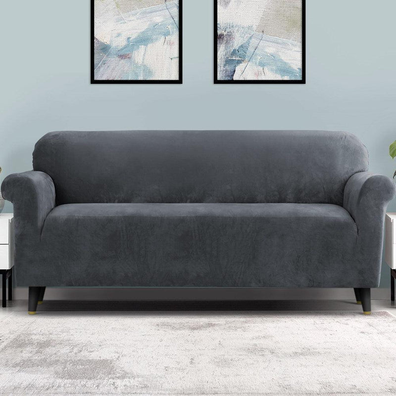 Artiss Velvet Sofa Cover Plush Couch Cover Lounge Slipcover 4 Seater Grey - John Cootes