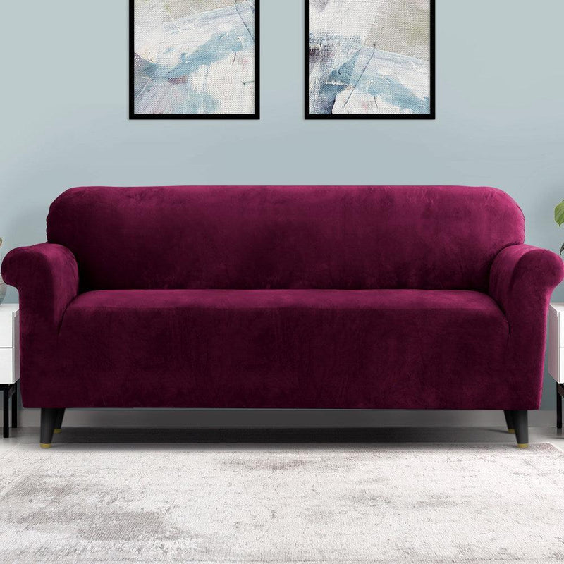 Artiss Velvet Sofa Cover Plush Couch Cover Lounge Slipcover 4 Seater Ruby Red - John Cootes