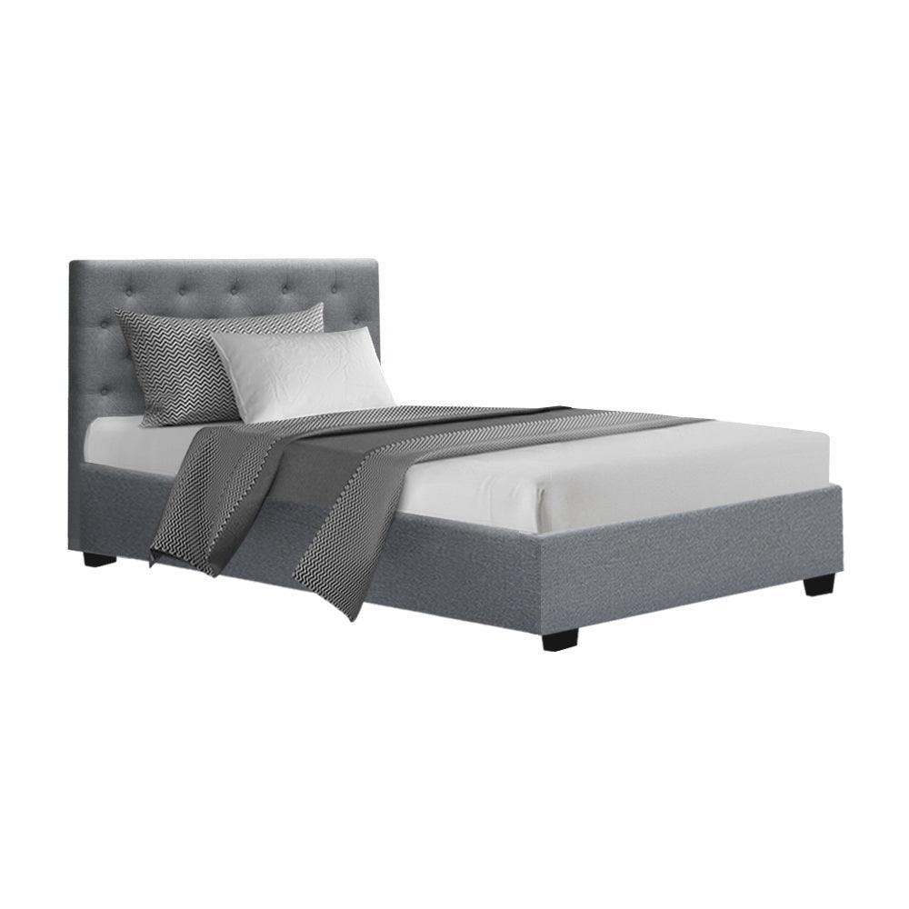 Artiss Vila Bed Frame Fabric Gas Lift Storage - Grey King Single - John Cootes