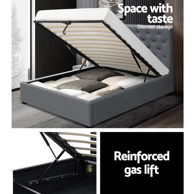 Artiss Vila Bed Frame Fabric Gas Lift Storage - Grey King Single - John Cootes