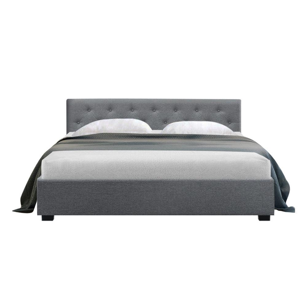 Artiss Vila Bed Frame Fabric Gas Lift Storage - Grey Queen - John Cootes