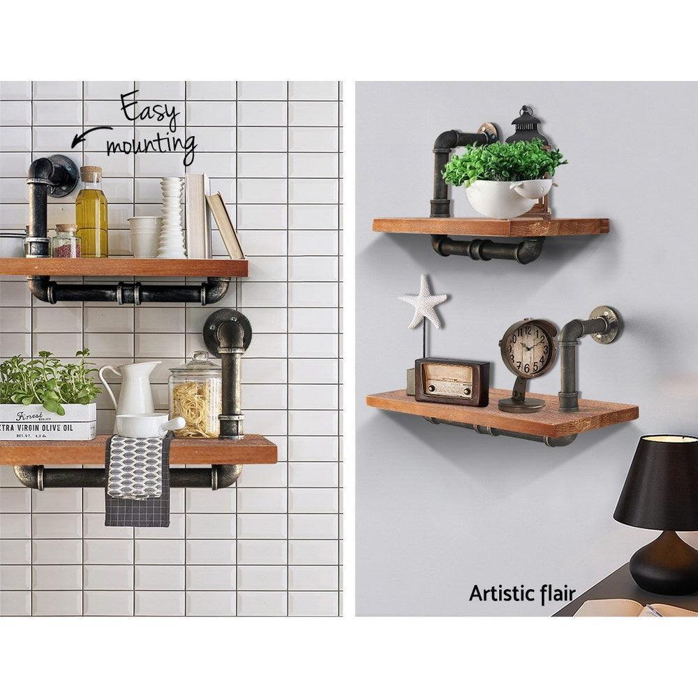 Artiss Wall Shelves Rustic Bookshelf Retro Display Shelves Industrial DIY Pipe Shelf Floating Brackets - John Cootes