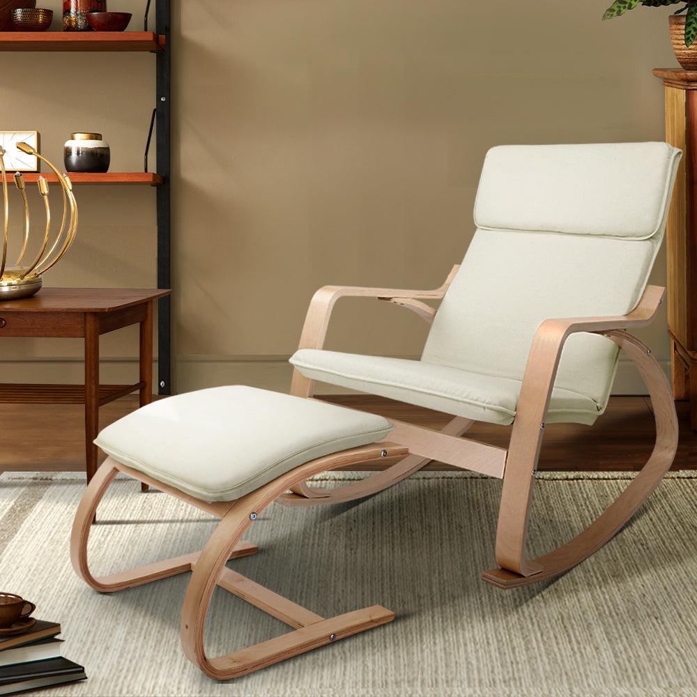 Artiss Wooden Armchair with Foot Stool - Beige - John Cootes