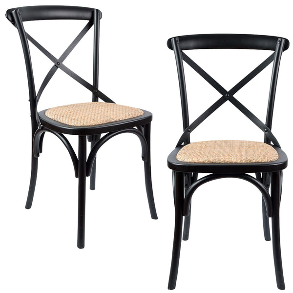 Aster Crossback Dining Chair Set of 2 Solid Birch Timber Wood Ratan Seat - Black - John Cootes