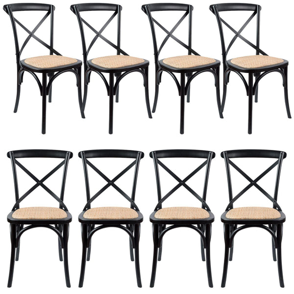 Aster Crossback Dining Chair Set of 8 Solid Birch Timber Wood Ratan Seat - Black - John Cootes