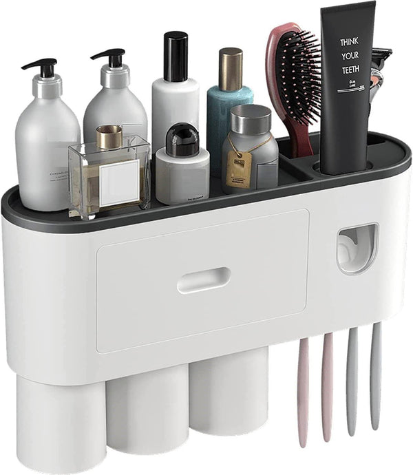 Automatic Wall Mounted Toothbrush Holder with Magnetic Cups Kids & Family Set for Bathroom (White and Black) - John Cootes