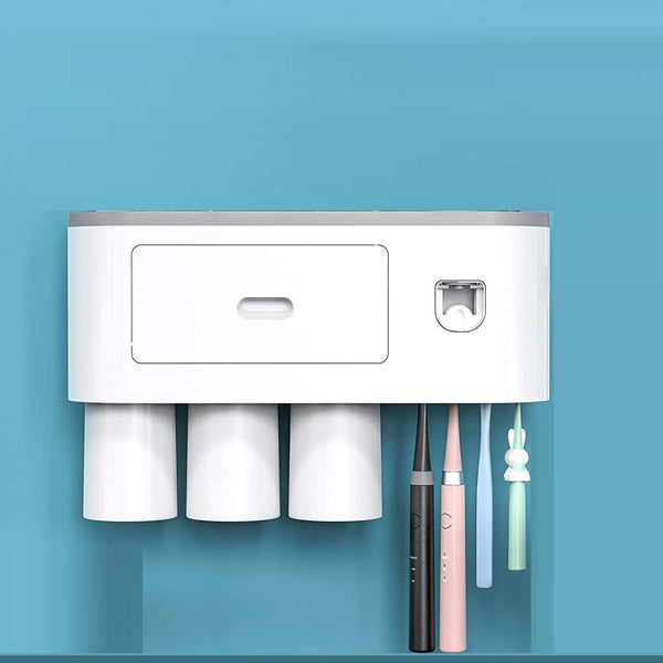 Automatic Wall Mounted Toothbrush Holder with Magnetic Cups Kids & Family Set for Bathroom (White and Gray) - John Cootes