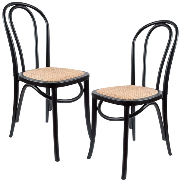 Azalea Arched Back Dining Chair 2 Set Solid Elm Timber Wood Rattan Seat - Black - John Cootes