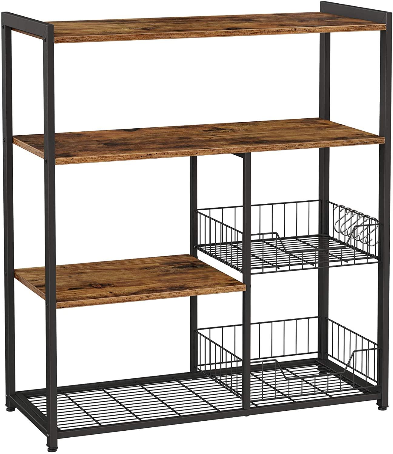 Baker's Rack with 2 Metal Mesh Baskets, Shelves and Hooks, 80 x 35 x 95 cm, Industrial Style, Rustic Brown - John Cootes