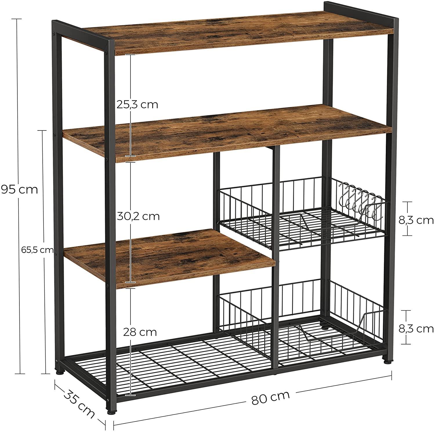 Baker's Rack with 2 Metal Mesh Baskets, Shelves and Hooks, 80 x 35 x 95 cm, Industrial Style, Rustic Brown - John Cootes