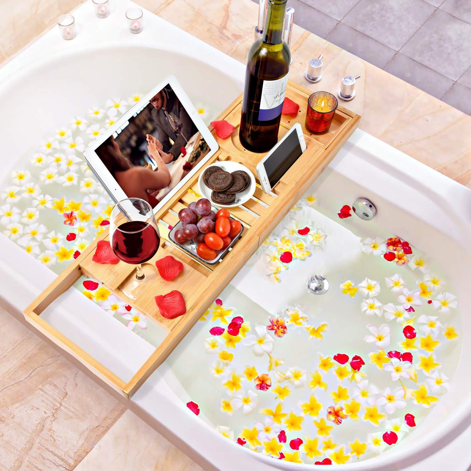 Bamboo Bathtub Bath tub Tray Table Caddy Tray Cellphone,Book,Tray Wineglass Holder - John Cootes