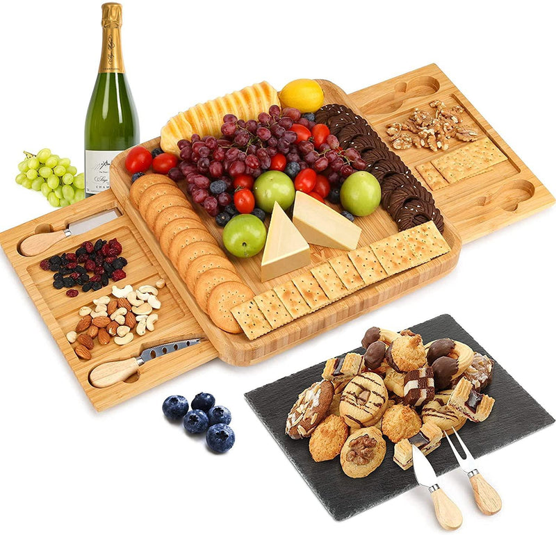 Bamboo Cheese Board and Knife Set with Cutlery including Slate Rock Tray, 4 Stainless Steel Knife & Thick Wooden tray - John Cootes