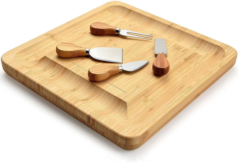 Bamboo Cheese Board Set with Cutlery in Slide-Out Drawer Including 4 Stainless Steel Serving Utensils - John Cootes