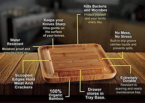 Bamboo Cheese Board Set with Cutlery in Slide-Out Drawer Including 4 Stainless Steel Serving Utensils - John Cootes