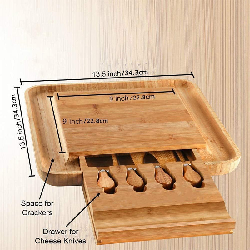 Bamboo Cheese Board Set with Cutlery in Slide-Out Drawer Including 4 Stainless Steel Serving Utensils - John Cootes