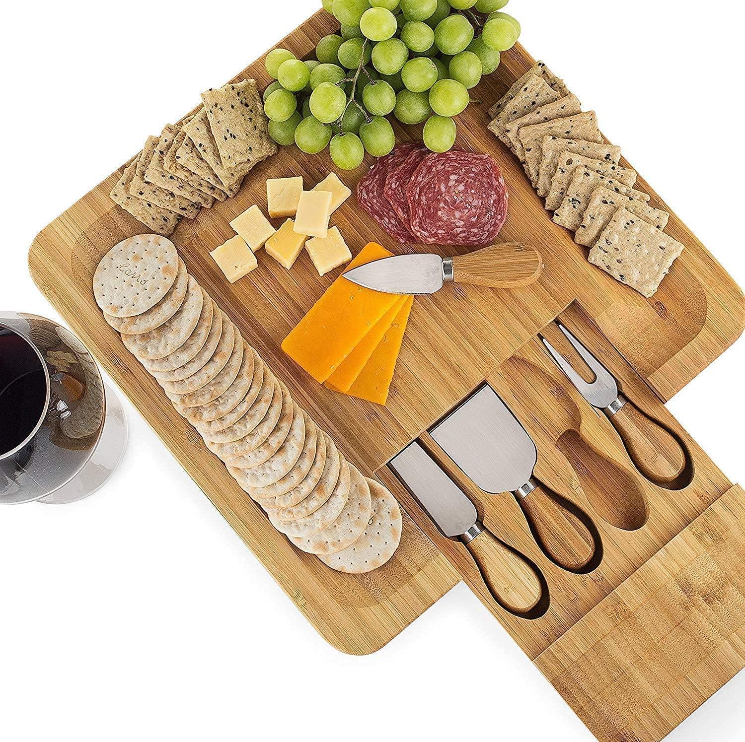 Bamboo Cheese Board Set with Cutlery in Slide-Out Drawer Including 4 Stainless Steel Serving Utensils - John Cootes