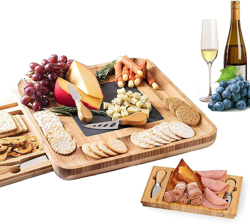 Bamboo Cheese Board Set with Knife Set with 4 Stainless Steel Knife & Thick Wooden tray for Wine Crackers, Brie and Meat - John Cootes