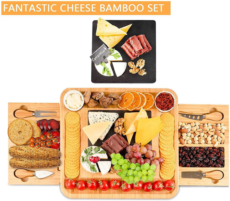 Bamboo Cheese Board Set with Knife Set with 4 Stainless Steel Knife & Thick Wooden tray for Wine Crackers, Brie and Meat - John Cootes