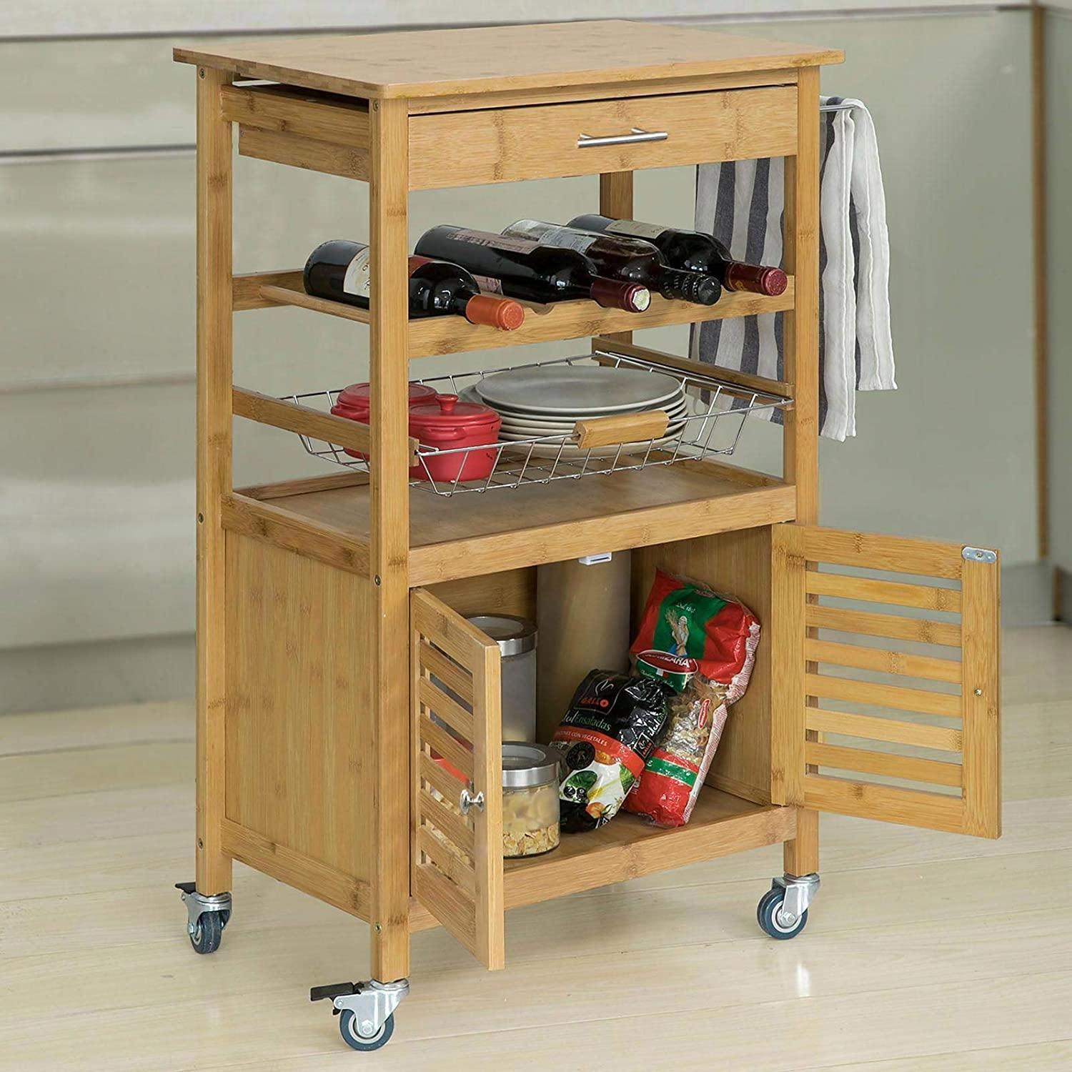 Bamboo Kitchen Storage Trolley with Wine Rack - John Cootes