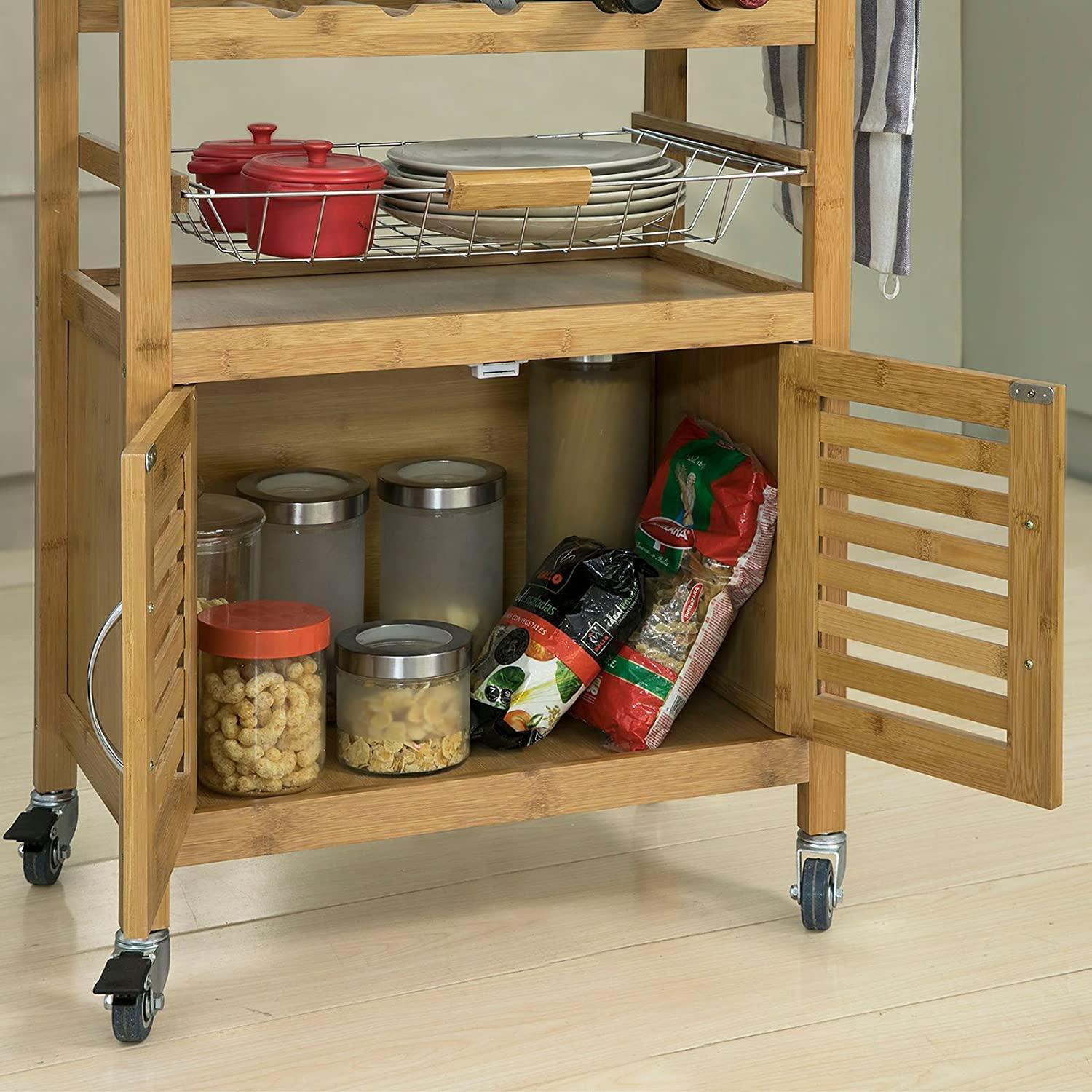 Bamboo Kitchen Storage Trolley with Wine Rack - John Cootes