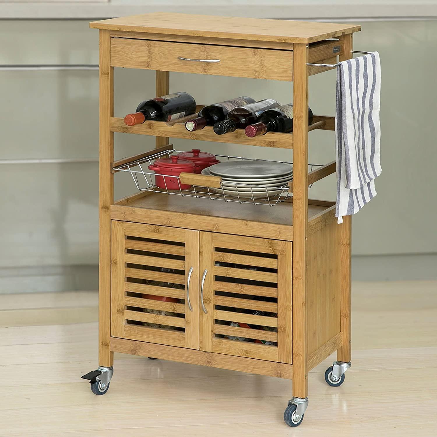 Bamboo Kitchen Storage Trolley with Wine Rack - John Cootes