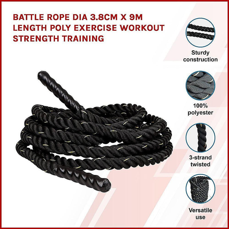 Battle Rope Dia 3.8cm x 9M length Poly Exercise Workout Strength Training - John Cootes