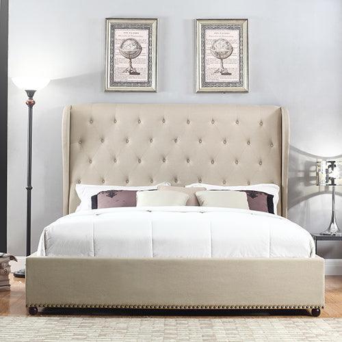 Bed Frame King Size in Beige Fabric Upholstered French Provincial High Bedhead - John Cootes