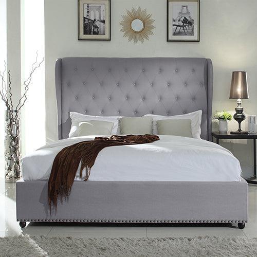 Bed Frame Queen Size in Grey Fabric Upholstered French Provincial High Bedhead - John Cootes