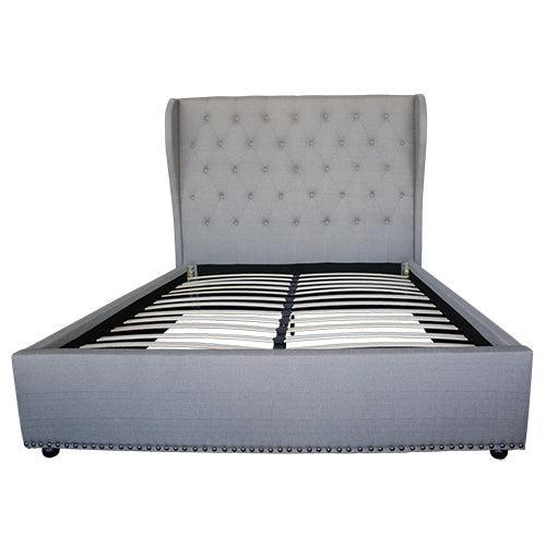 Bed Frame Queen Size in Grey Fabric Upholstered French Provincial High Bedhead - John Cootes