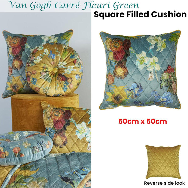 Bedding House Van Gogh Carr� Fleuri Green Square Filled Cushion 50cm x 50cm - John Cootes