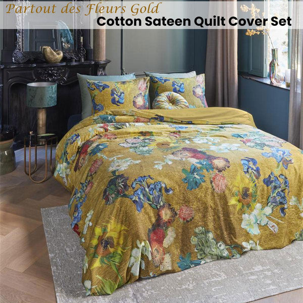 Bedding House Van Gogh Partout des Fleurs Gold Cotton Sateen Quilt Cover Set King - John Cootes