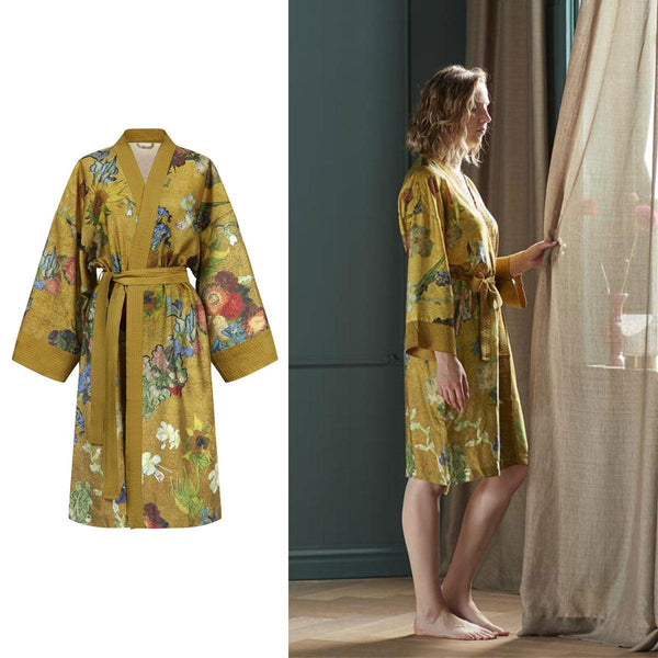Bedding House Van Gogh Partout des Fleurs Gold Kimono Bath Robe Large/Extra Large - John Cootes