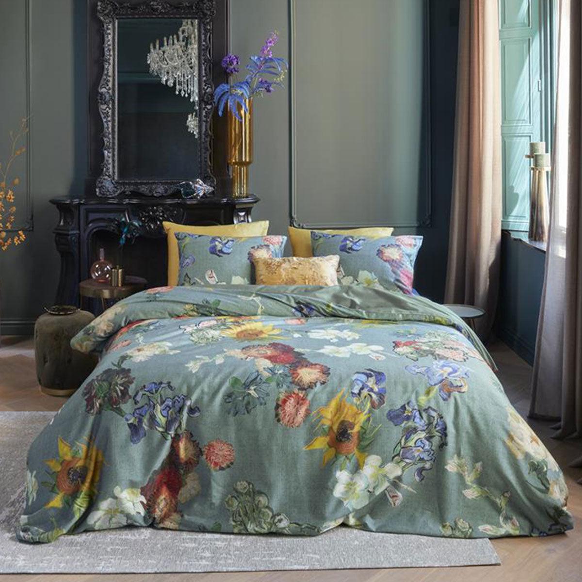 Bedding House Van Gogh Partout des Fleurs Green Cotton Sateen Quilt Cover Set King - John Cootes