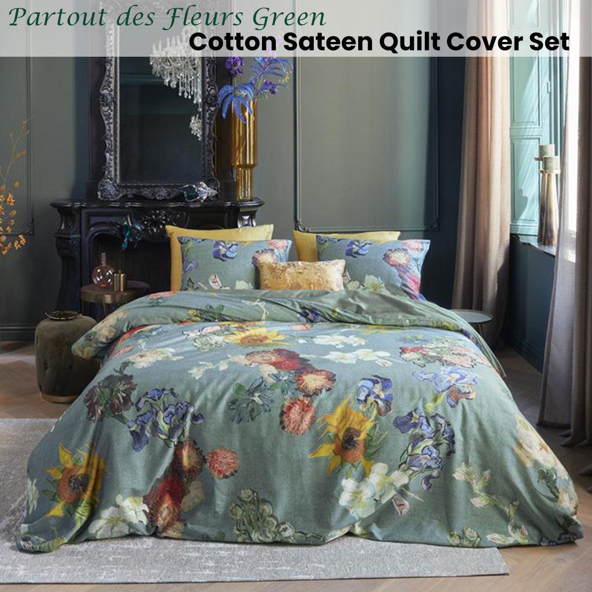 Bedding House Van Gogh Partout des Fleurs Green Cotton Sateen Quilt Cover Set King - John Cootes