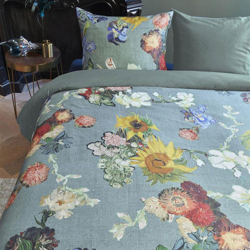 Bedding House Van Gogh Partout des Fleurs Green Cotton Sateen Quilt Cover Set King - John Cootes