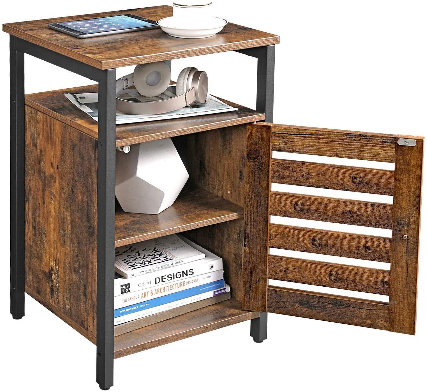 Bedside Table with 2 Adjustable Shelves Steel Frame 40 x 40 x 60 cm Rustic Brown and Black - John Cootes