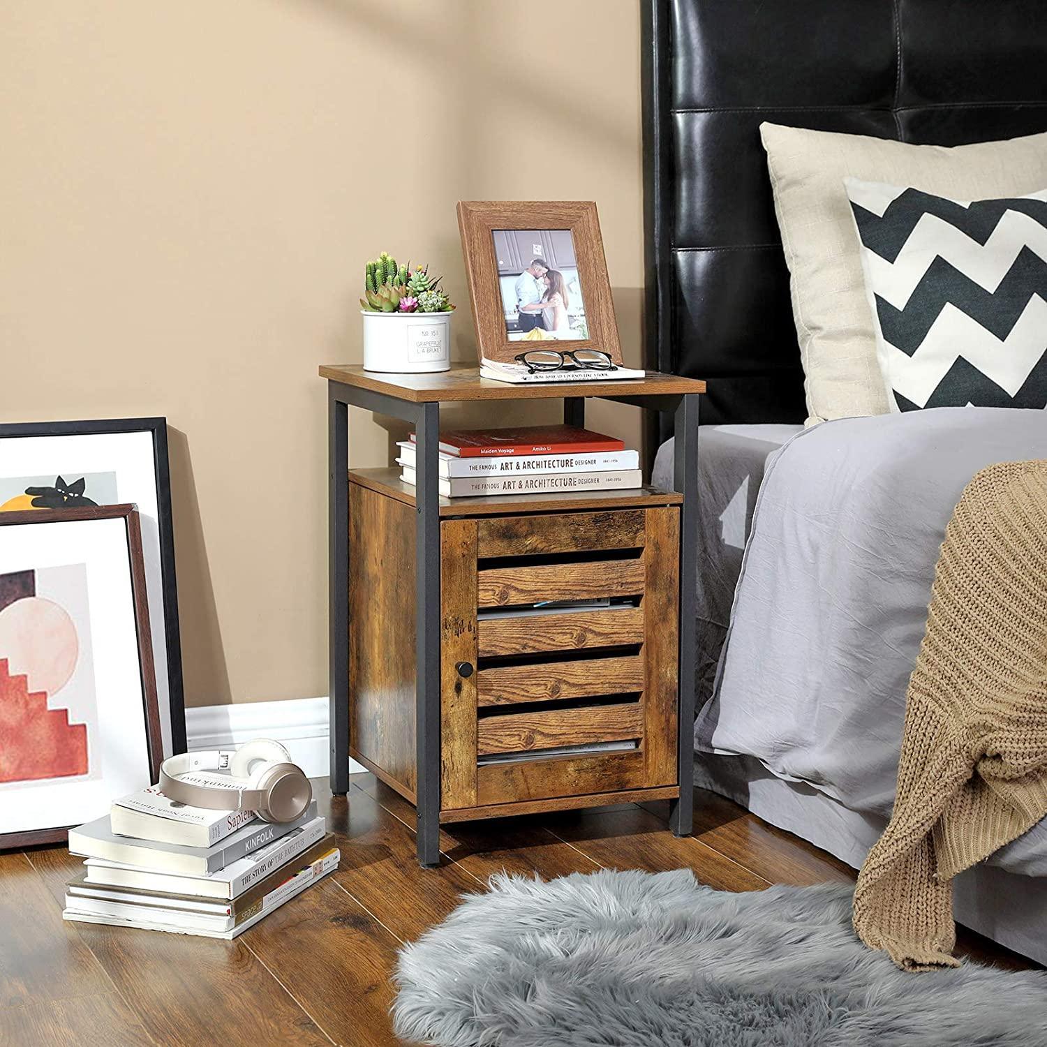 Bedside Table with 2 Adjustable Shelves Steel Frame 40 x 40 x 60 cm Rustic Brown and Black - John Cootes