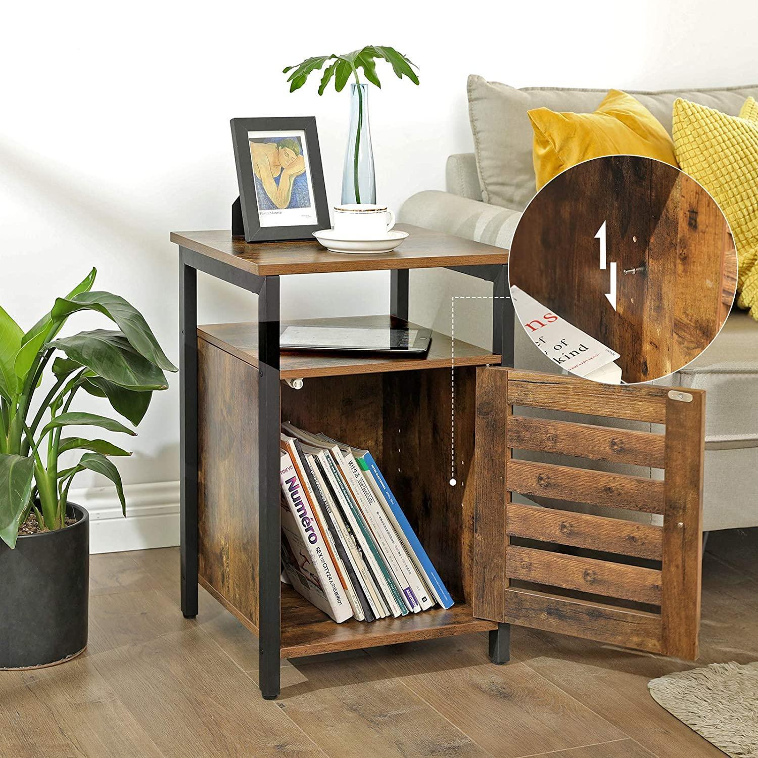 Bedside Table with 2 Adjustable Shelves Steel Frame 40 x 40 x 60 cm Rustic Brown and Black - John Cootes