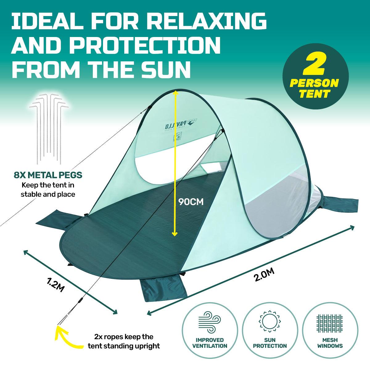 Bestway 2m x 1.2m Beach Tent 2 Person UV Protected Pegs & Carry Bag Included - John Cootes