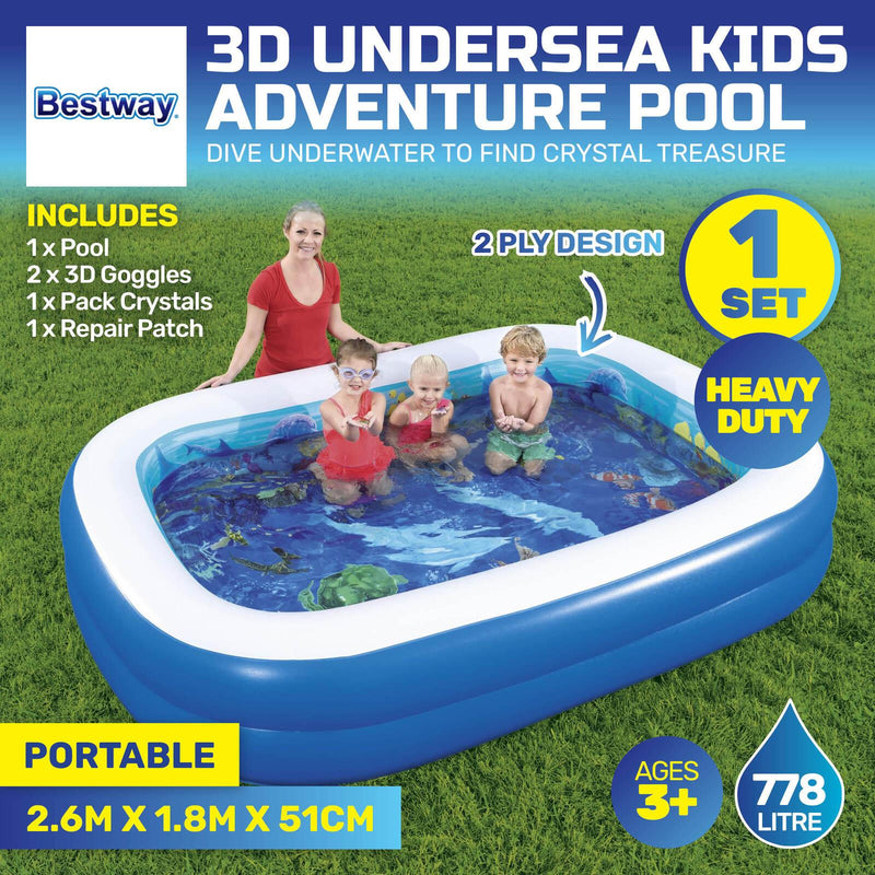 Bestway Inflatable Kids Pool 3D Undersea Adventure 3D Goggles Included 778L - John Cootes