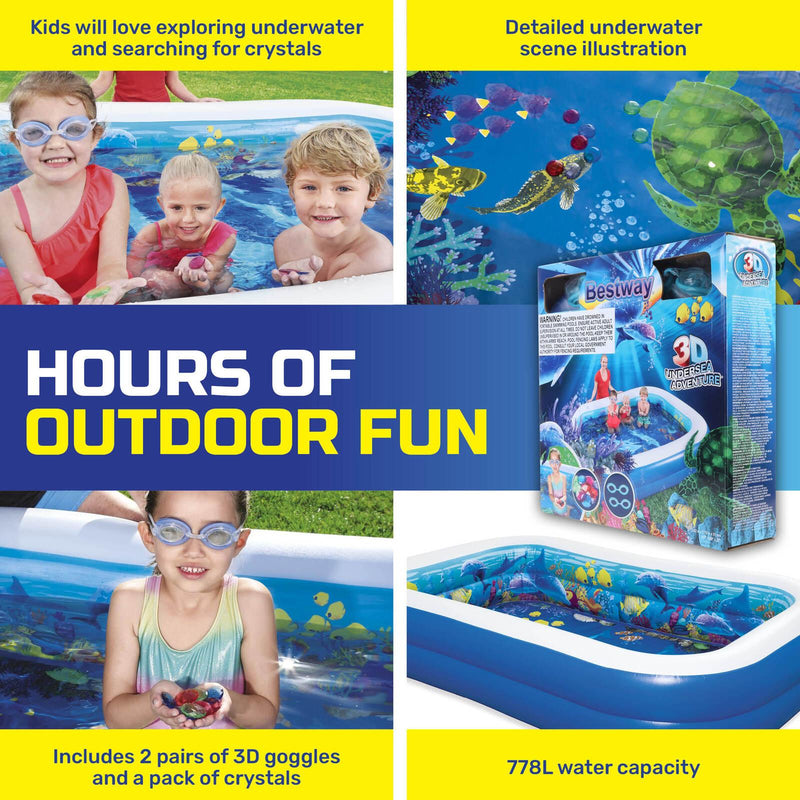 Bestway Inflatable Kids Pool 3D Undersea Adventure 3D Goggles Included 778L - John Cootes