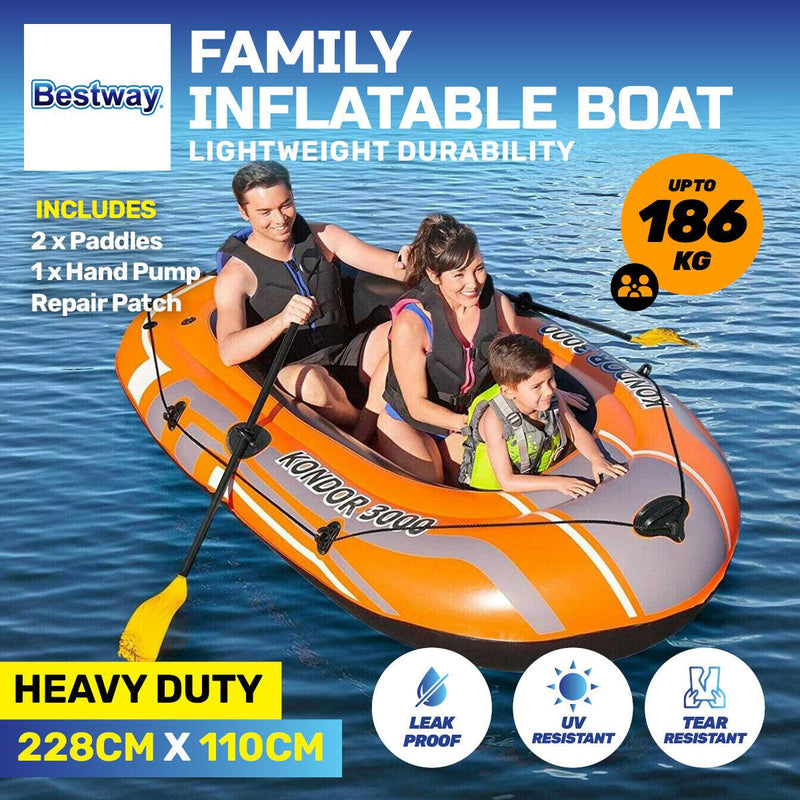 Bestway Kondor 3000 Inflatable Boat UV Resistant Leak Proof Beach Pool Fun 228cm x 110cm - John Cootes