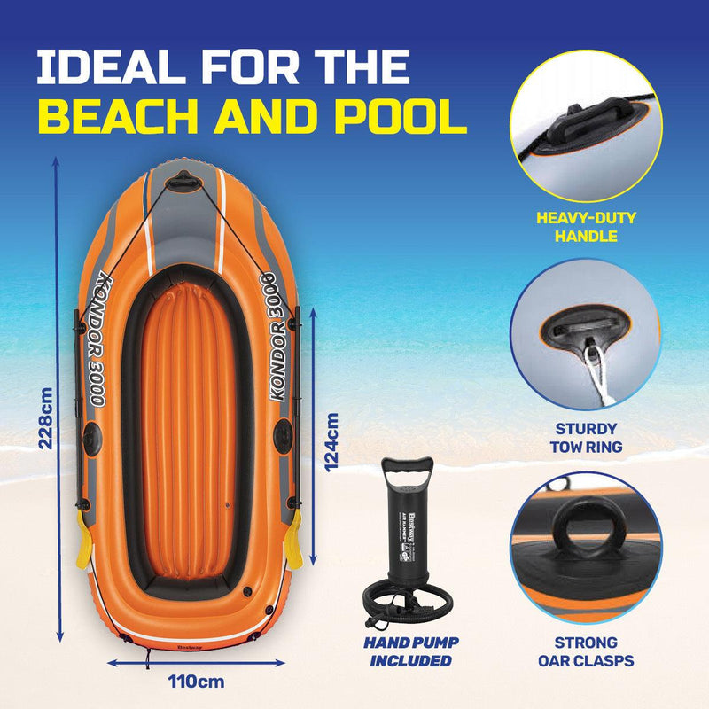 Bestway Kondor 3000 Inflatable Boat UV Resistant Leak Proof Beach Pool Fun 228cm x 110cm - John Cootes