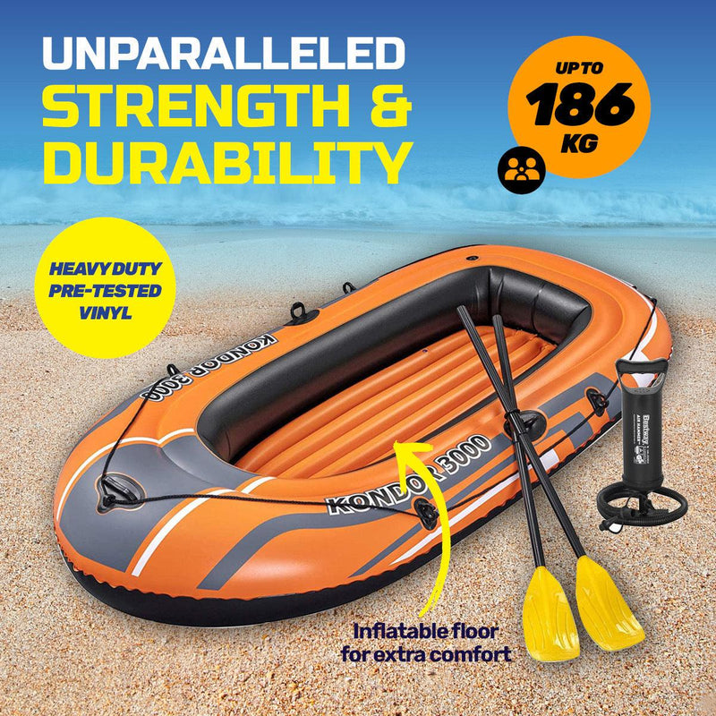 Bestway Kondor 3000 Inflatable Boat UV Resistant Leak Proof Beach Pool Fun 228cm x 110cm - John Cootes