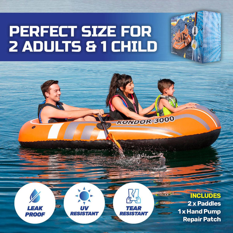 Bestway Kondor 3000 Inflatable Boat UV Resistant Leak Proof Beach Pool Fun 228cm x 110cm - John Cootes