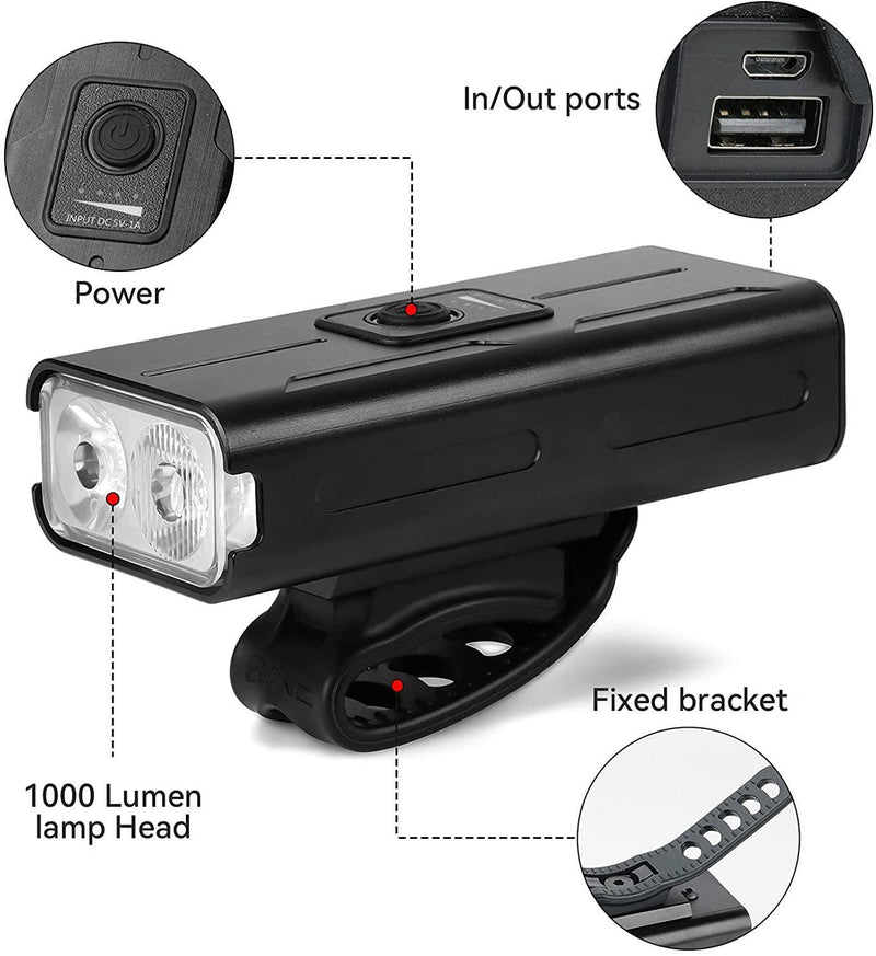 Bike 360 Light Front USB Rechargeable 1000 Lumen IPX4 Waterproof and Built in 2500mAh Powerbank Led Bicycle Lighting - John Cootes