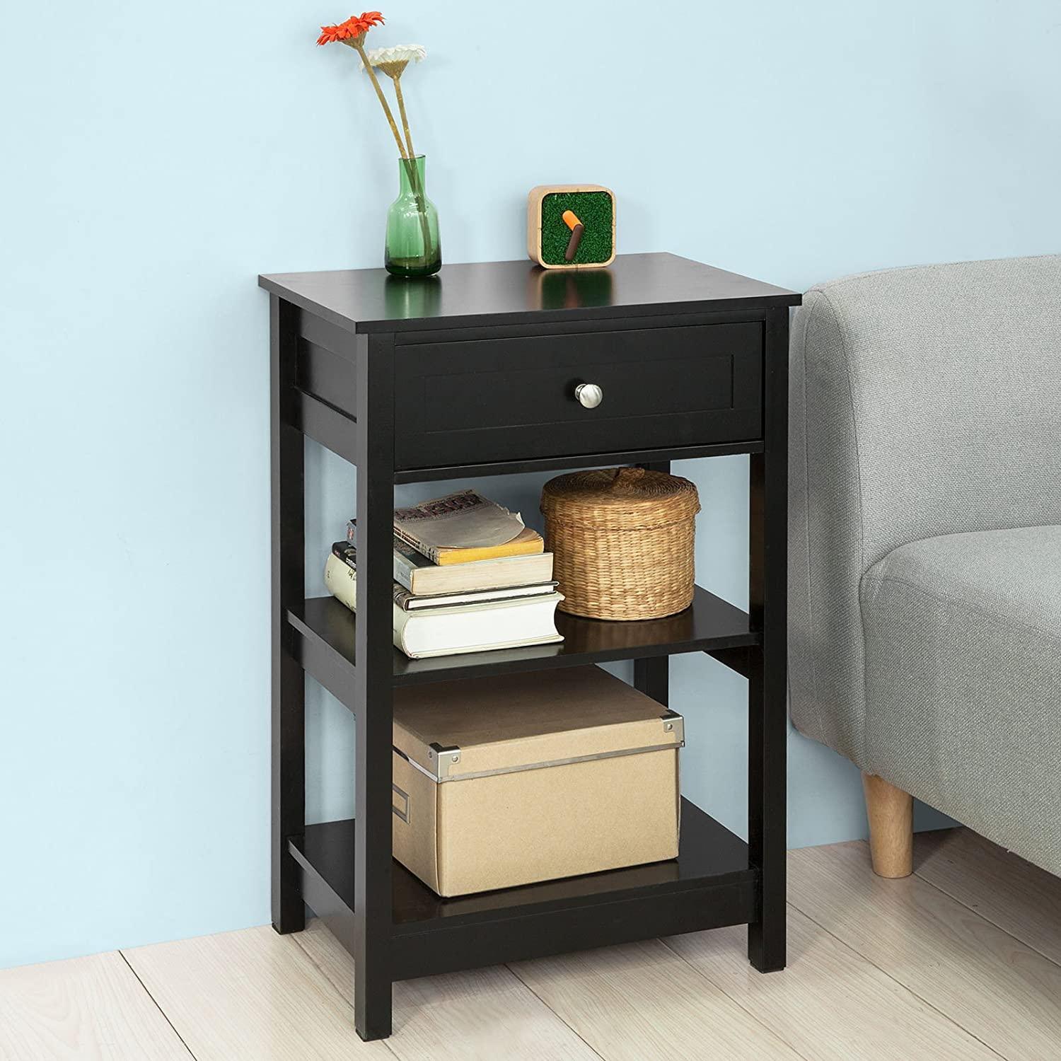 Black Bedside Table with 1 Drawer and 2 Shelves - John Cootes